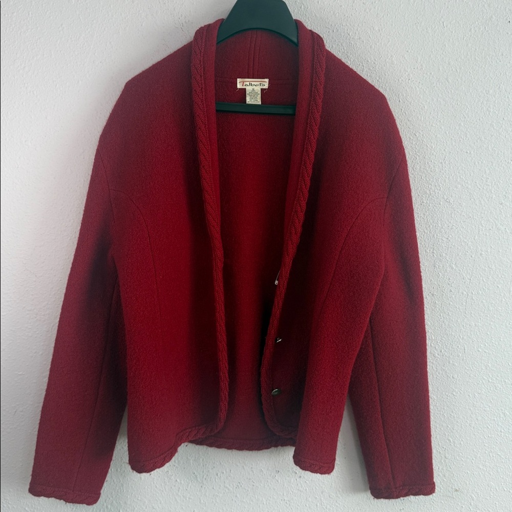 Vintage Talbots Deep Red Wool Scallop Collar Button Up Cardigan Jacket Size 12